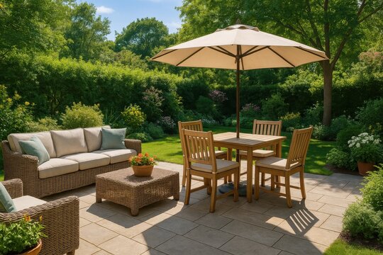 Cozy garden furniture setup with outdoor table and umbrella for backyard entertaining