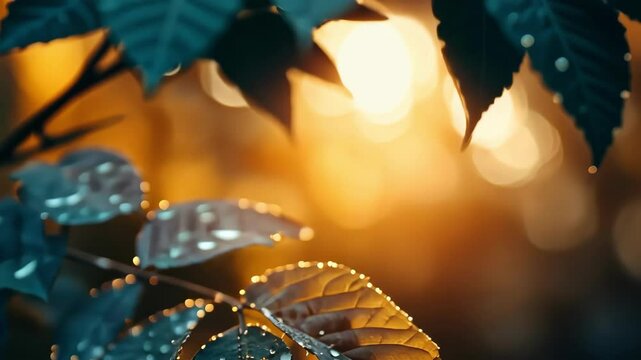 Beautiful leaf with water drops under sunset light, nature background. Vibrant leaf with waterdrop freshness.