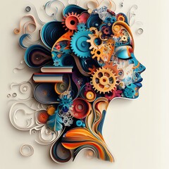 Abstract female head profile with colorful gears, books, and swirling patterns inside, representing intelligence and creativity.  high resolution   for isolate image