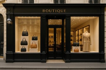 Luxury Parisian boutique window display with designer accessories