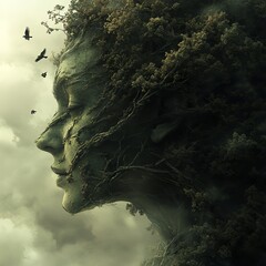 Forest spirit profile, with birds in a misty environment, suitable for fantasy or art projects  high resolution   for isolate image