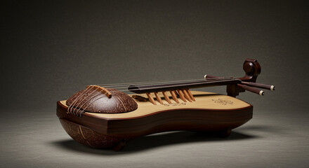 Close up of a brown stringed instrument with a coconut shell resonator on a neutral background