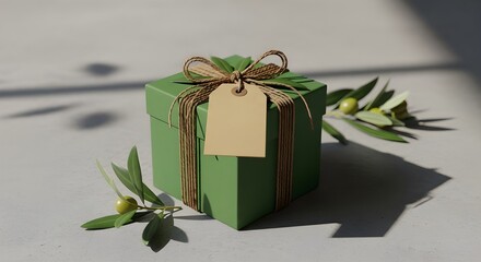 Rustic Green Gift Box with Kraft Paper Tag and Olive Leaves on Grey Surface – Realistic 3D Eco Gift
