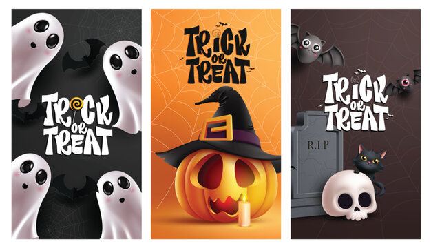 Trick or Treat text clipart poster set. Halloween trick or treat greeting clip art collection with ghost, pumpkin, grave stone and bats spooky elements characters in colorful spider web background 