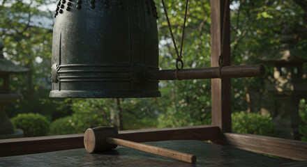 Obraz premium A bronze temple bell hanging in a wooden structure with a mallet resting on the platform below it