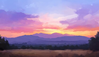 Obraz premium Colorful sunset over a mountain range.