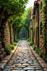 Obraz premium Cobblestone Street with Trees and Buildings