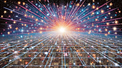 composition with futuristic grid overlays and multicolor radiating light paths