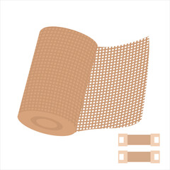 Rolled elastic bandage in brown color,
comes with two small metal clips,
used for wounds and doctor care,
medical equipment, flat design style.