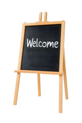 word "welcome" - white chalk handwriting on small school wooden blackboard. Ai Generated Images