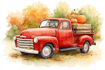 red vintage pickup truck carrying pumpkins and hay bales through an autumn forest, watercolor style, fall harvest scene