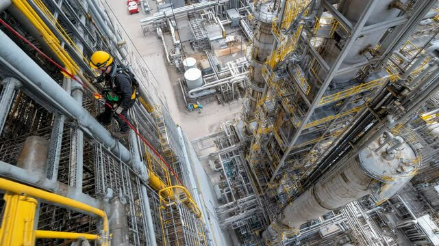 Industrial Worker Climbing Safety Rail on Tall Oil Refinery Tower with Equipment and Pipes