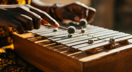 Hands playing a xylophone with mallets in bright sunlight creating strong shadows on the instrument