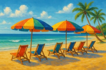 Beach vacation essentials with colorful umbrellas and chairs creating perfect summer holiday atmosphere