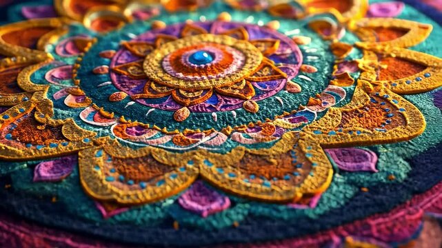 Detailed vibrant Diwali rangoli design with intricate colorful patterns and artistic beauty, holiday tradition, cultural celebration, art.