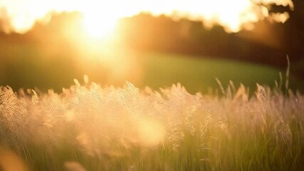 Warm sunlight over meadow grasses, golden hour field glowing with bokeh effect, serene nature background for summer concept