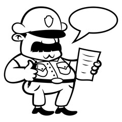 Police Officer cartoon characters write a traffic ticket for street violation. Best for outline, logo, and coloring book with traffic order themes