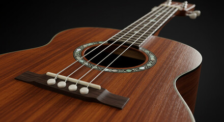 Fototapeta premium Close up of a brown ukulele with strings and sound hole against a dark background in studio lighting
