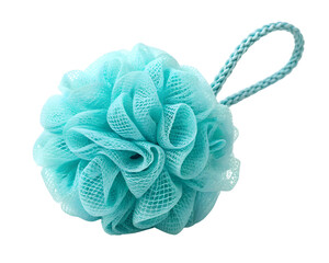 turquoise bath loofah against white background