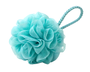 turquoise bath loofah against white background