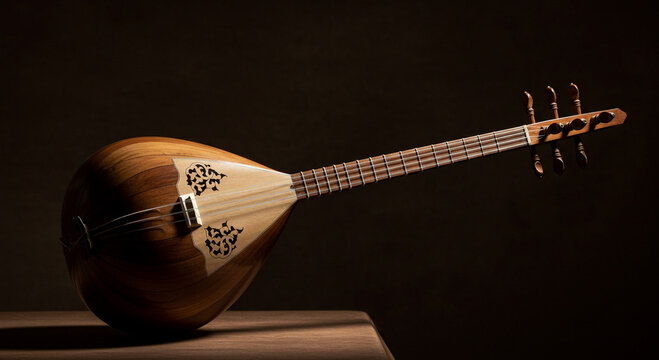 Close up shot of a dombra an ancient stringed instrument on a wooden surface against a dark background