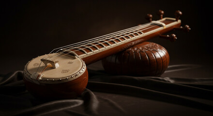 Close up of a stringed musical instrument resting on a dark fabric with a dark brown background