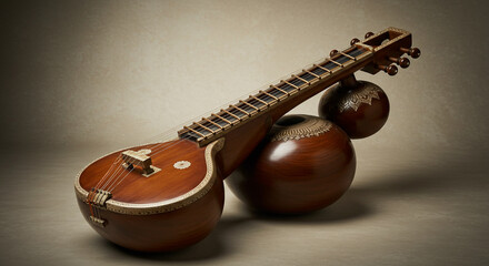 A detailed view of a veena instrument with its strings and resonating gourds on a neutral background