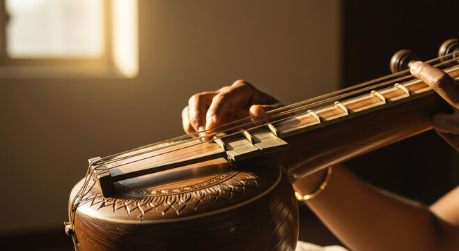 Close up of hands playing a veena in a warm light setting with window in the background casting shadows