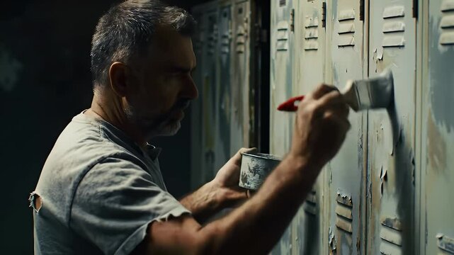 Industrial Worker Paints Row of Gray Metal Lockers Inside Factory Setting Emphasizing Restoration and Repair and Labor Featuring Old Lockers Ripped Shirt Red Brush Maintenance
