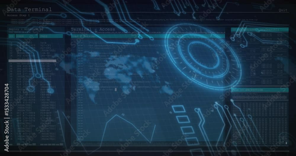 Poster When circuit lines animate inward, console pulsing ring loading logs and graph showing data access