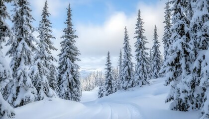 Snowy fir trees on a winter mountain slope.