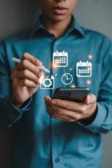 Person interacting with a smartphone displaying scheduling or task management icons.