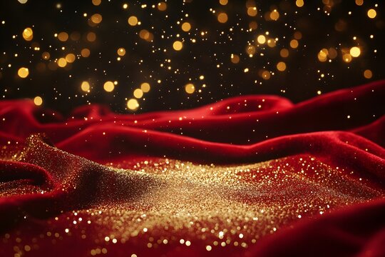 Luxurious red velvet fabric embellished with gold glitter and bokeh lights create a festive background