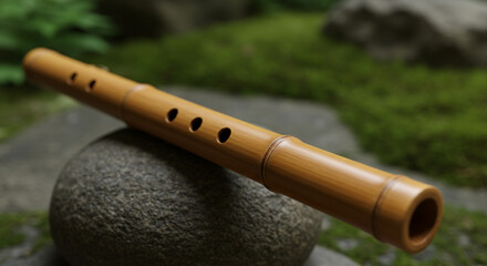 Fototapeta premium Close up of a bamboo flute with finger holes resting on a gray stone in a garden setting outdoors