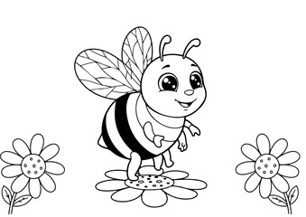 Obraz premium ute bee and flower cartoon outline line art vector illustration for coloring page for chidren's kids, transparent background