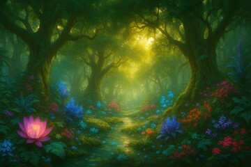 Enchanted Garden of Eden with exotic fantasy forest and mystical sunlight filtering through ancient trees