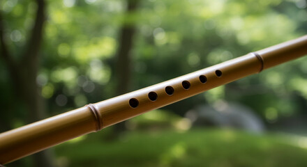 Fototapeta premium Close up of a bamboo flute with finger holes against a blurred green background outdoors in nature
