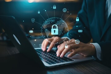 Person using a laptop with global security interface.
