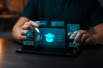 AI-powered digital education and learning. Person using tablet with virtual interface showing graduation cap, book, video, and search icons, representing smart learning and e-learning platform.