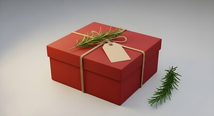 Eco Chic 3D Red Gift Box with Kraft Tag and Rosemary on Light Grey Background