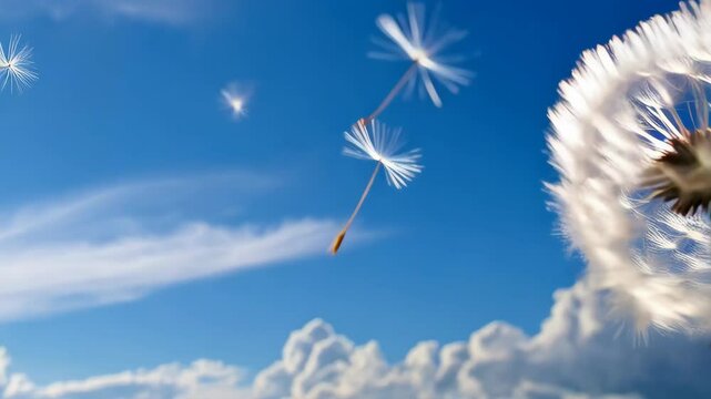 Dandelion clock with seeds dispersing in a vibrant blue sky with white clouds and bright sunlight in spring