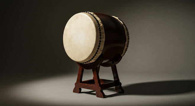 Close up of a taiko drum on a wooden stand in a dimly lit room with a gray background and spotlight