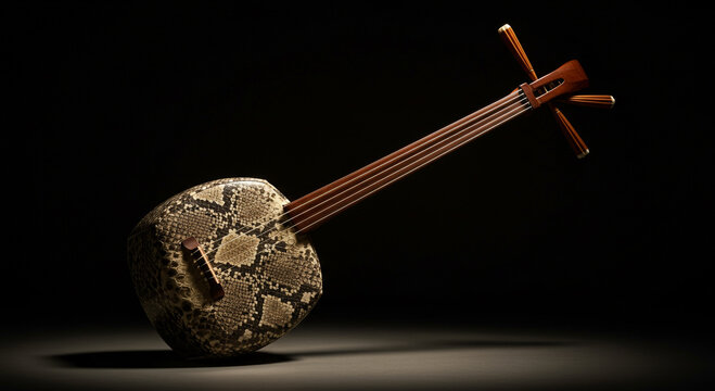 Close up of a sanshin okinawan musical instrument with snake skin pattern on a dark background