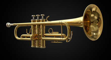 A shiny golden trumpet with valves and mouthpiece against a dark gray background in a studio shot