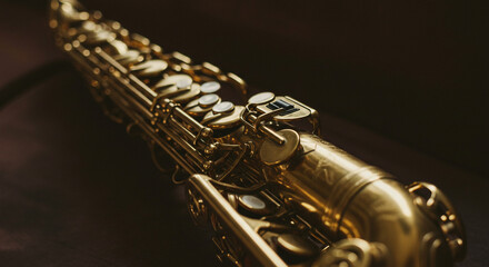 Obraz premium A close up view of a golden saxophone with keys and intricate details on a dark brown background