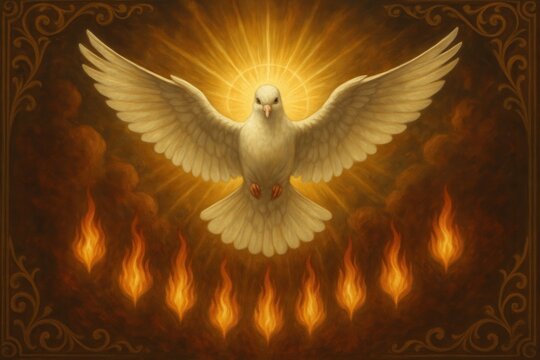 Pentecost celebration with white dove and sacred flames representing spiritual transformation and divine inspiration