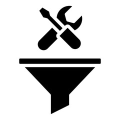 Skill Filtering Glyph Black Fill Silhouette Icon - Funnel and tools symbolize filtering or narrowing down skills to train during trainee selection