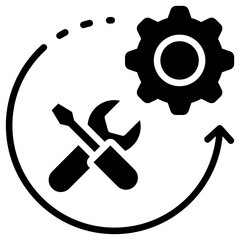 Skill Progress Glyph Black Fill Silhouette - Gear and arrow with wrench symbolizing growth and improvement in trainee technical skills