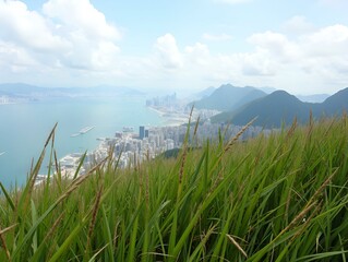 grass against Victoria Harbour, in Devil's Peak, Yau Tong, Hong Kong