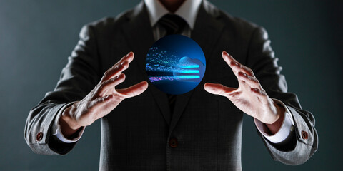 businessman holding a sphere with a globe in his hands.